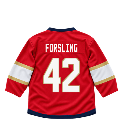 Florida Panthers jersey keychain — Gustav Forsling #42. Exact saved player artwork preview.