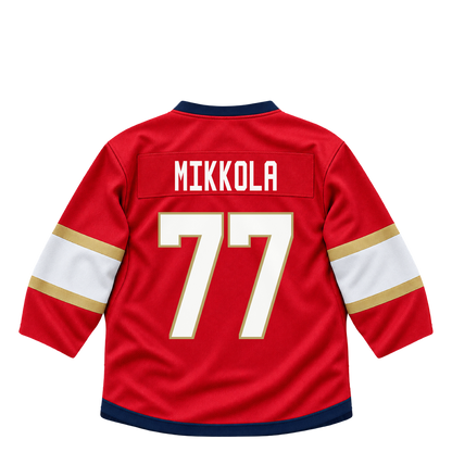 Florida Panthers jersey keychain — Niko Mikkola #77. Exact saved player artwork preview.