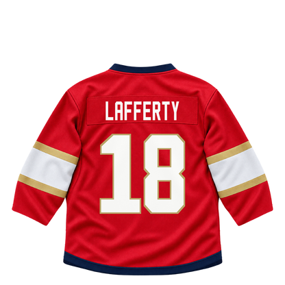 Florida Panthers jersey keychain — Sam Lafferty #18. Exact saved player artwork preview.