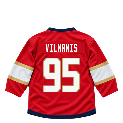Florida Panthers jersey keychain — Sandis Vilmanis #95. Exact saved player artwork preview.