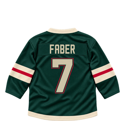 Minnesota Wild jersey keychain — Brock Faber #7. Exact saved player artwork preview.