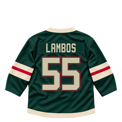 Minnesota Wild jersey keychain — Carson Lambos #55. Exact saved player artwork preview.