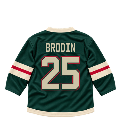 Minnesota Wild jersey keychain — Jonas Brodin #25. Exact saved player artwork preview.