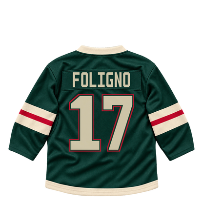 Minnesota Wild jersey keychain — Marcus Foligno #17. Exact saved player artwork preview.