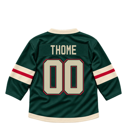 Minnesota Wild jersey keychain — Peter Thome #00. Exact saved player artwork preview.