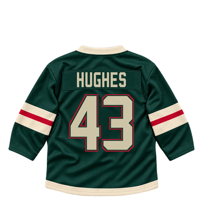 Minnesota Wild jersey keychain — Quinn Hughes #43. Exact saved player artwork preview.
