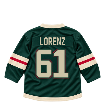 Minnesota Wild jersey keychain — Rieger Lorenz #61. Exact saved player artwork preview.