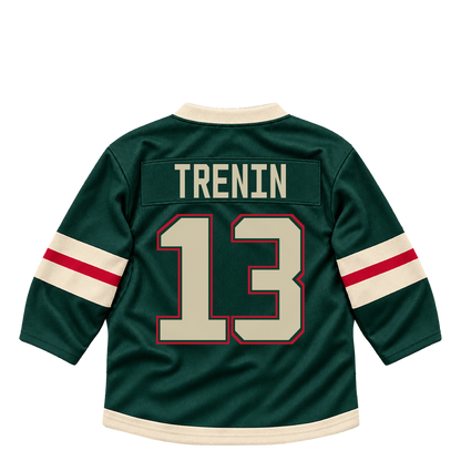 Minnesota Wild jersey keychain — Yakov Trenin #13. Exact saved player artwork preview.