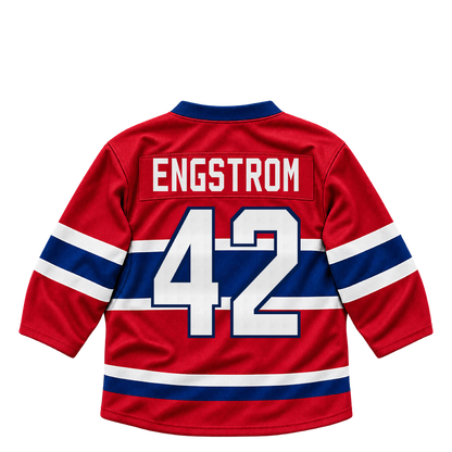 Montreal Canadiens jersey keychain — Adam Engstrom #42. Exact saved player artwork preview.