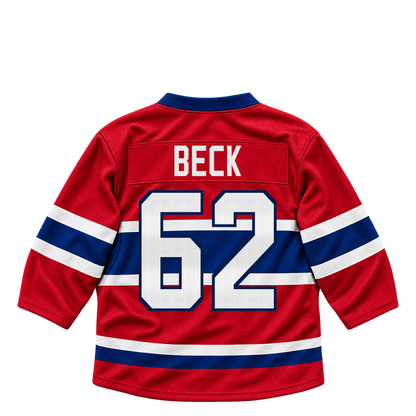 Montreal Canadiens jersey keychain — Owen Beck #62. Exact saved player artwork preview.