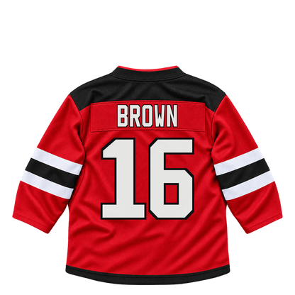 New Jersey Devils jersey keychain — Connor Brown #16. Exact saved player artwork preview.