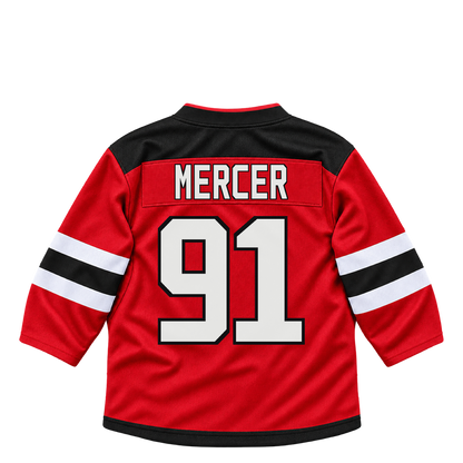 New Jersey Devils jersey keychain — Dawson Mercer #91. Exact saved player artwork preview.