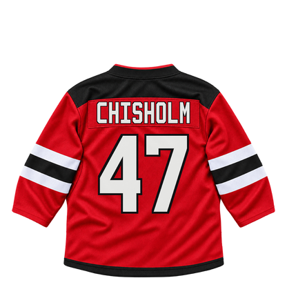 New Jersey Devils jersey keychain — Declan Chisholm #47. Exact saved player artwork preview.