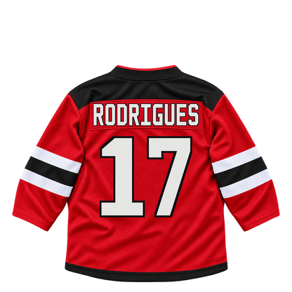 New Jersey Devils jersey keychain — Evan Rodrigues #17. Exact saved player artwork preview.