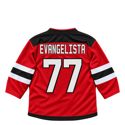 New Jersey Devils jersey keychain — Luke Evangelista #77. Exact saved player artwork preview.