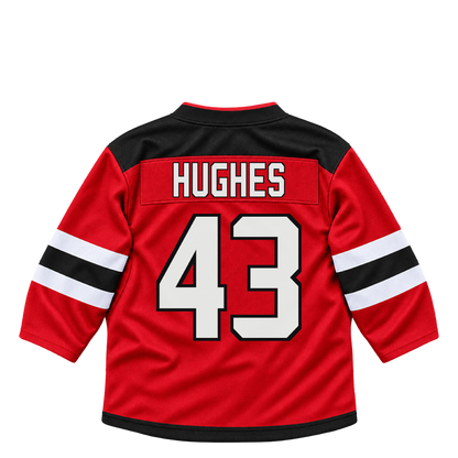 New Jersey Devils jersey keychain — Luke Hughes #43. Exact saved player artwork preview.