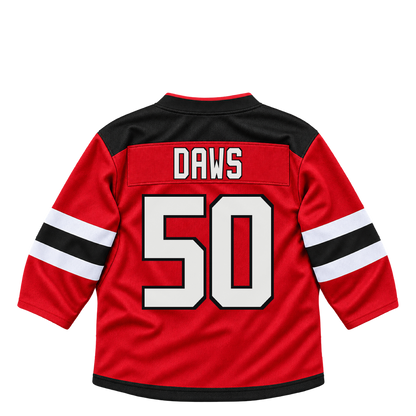 New Jersey Devils jersey keychain — Nico Daws #50. Exact saved player artwork preview.