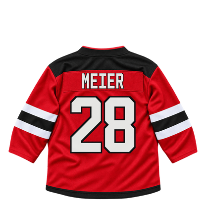 New Jersey Devils jersey keychain — Timo Meier #28. Exact saved player artwork preview.