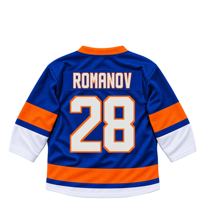 New York Islanders jersey keychain — Alexander Romanov #28. Exact saved player artwork preview.