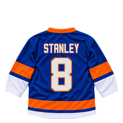 New York Islanders jersey keychain — Logan Stanley #8. Exact saved player artwork preview.