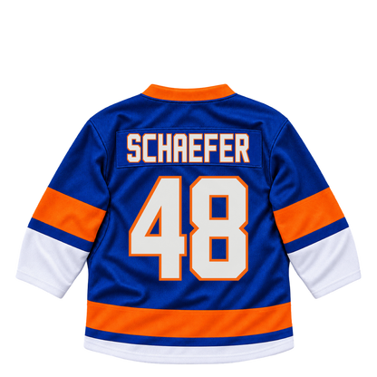 New York Islanders jersey keychain — Matthew Schaefer #48. Exact saved player artwork preview.
