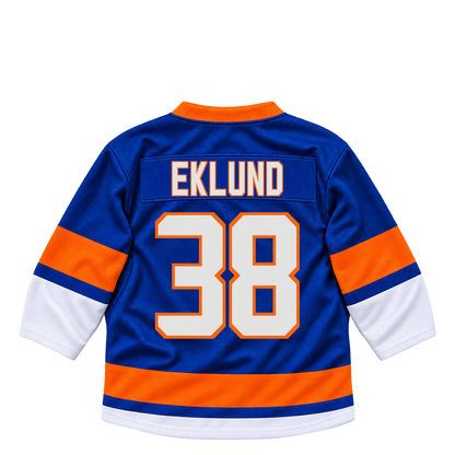 New York Islanders jersey keychain — Victor Eklund #38. Exact saved player artwork preview.