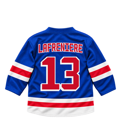 New York Rangers jersey keychain — Alexis Lafreniere #13. Exact saved player artwork preview.