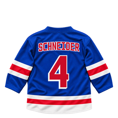 New York Rangers jersey keychain — Braden Schneider #4. Exact saved player artwork preview.