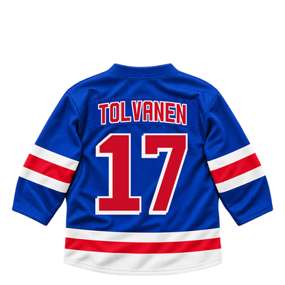 New York Rangers jersey keychain — Eeli Tolvanen #17. Exact saved player artwork preview.