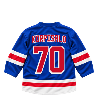 New York Rangers jersey keychain — Joonas Korpisalo #70. Exact saved player artwork preview.