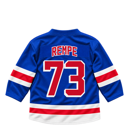 New York Rangers jersey keychain — Matt Rempe #73. Exact saved player artwork preview.