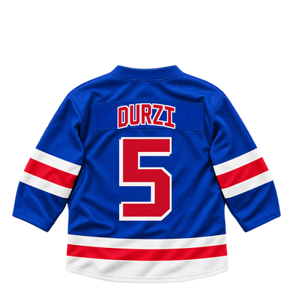 New York Rangers jersey keychain — Sean Durzi #5. Exact saved player artwork preview.
