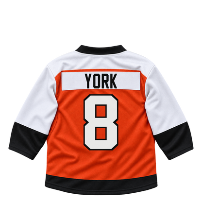 Philadelphia Flyers jersey keychain — Cam York #8. Exact saved player artwork preview.