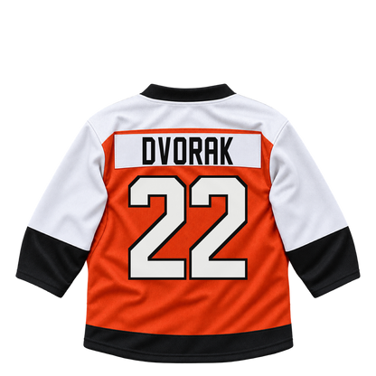 Philadelphia Flyers jersey keychain — Christian Dvorak #22. Exact saved player artwork preview.