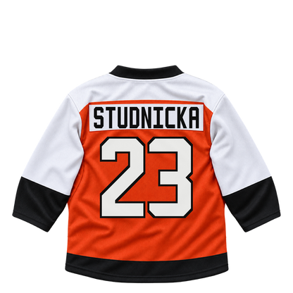 Philadelphia Flyers jersey keychain — Jack Studnicka #23. Exact saved player artwork preview.