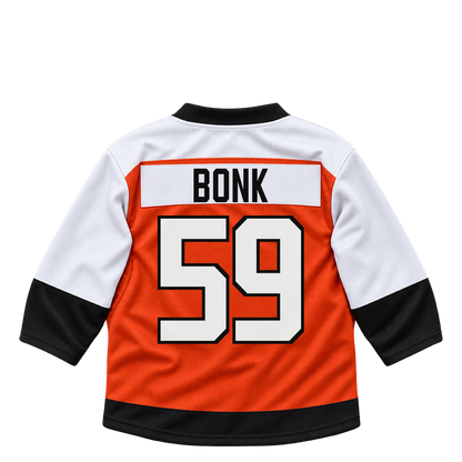 Philadelphia Flyers jersey keychain — Oliver Bonk #59. Exact saved player artwork preview.