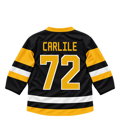 Pittsburgh Penguins jersey keychain — Declan Carlile #72. Exact saved player artwork preview.