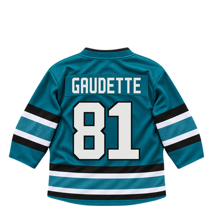 San Jose Sharks jersey keychain — Adam Gaudette #81. Exact saved player artwork preview.