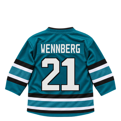 San Jose Sharks jersey keychain — Alexander Wennberg #21. Exact saved player artwork preview.
