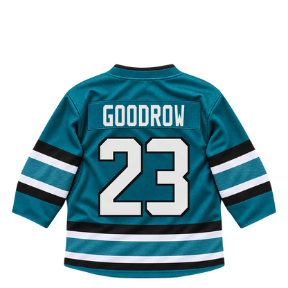 San Jose Sharks jersey keychain — Barclay Goodrow #23. Exact saved player artwork preview.