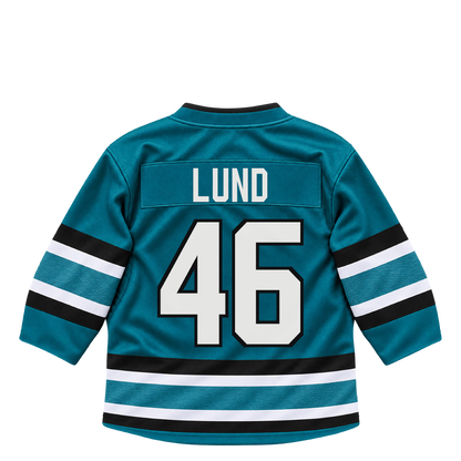 San Jose Sharks jersey keychain — Cam Lund #46. Exact saved player artwork preview.