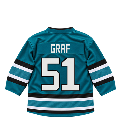 San Jose Sharks jersey keychain — Collin Graf #51. Exact saved player artwork preview.