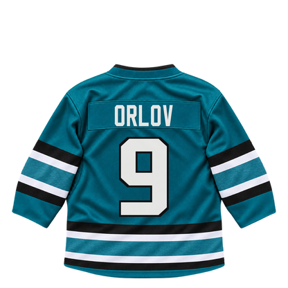 San Jose Sharks jersey keychain — Dmitry Orlov #9. Exact saved player artwork preview.
