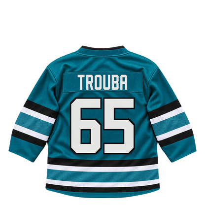 San Jose Sharks jersey keychain — Jacob Trouba #65. Exact saved player artwork preview.