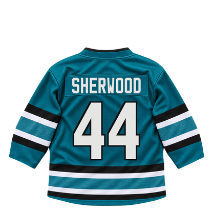 San Jose Sharks jersey keychain — Kiefer Sherwood #44. Exact saved player artwork preview.