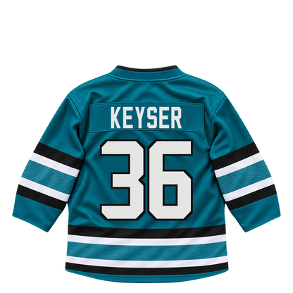 San Jose Sharks jersey keychain — Kyle Keyser #36. Exact saved player artwork preview.