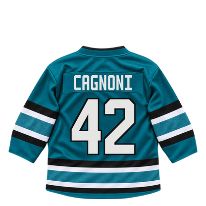 San Jose Sharks jersey keychain — Luca Cagnoni #42. Exact saved player artwork preview.
