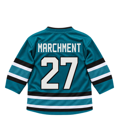 San Jose Sharks jersey keychain — Mason Marchment #27. Exact saved player artwork preview.