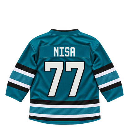 San Jose Sharks jersey keychain — Michael Misa #77. Exact saved player artwork preview.