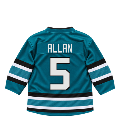 San Jose Sharks jersey keychain — Nolan Allan #5. Exact saved player artwork preview.